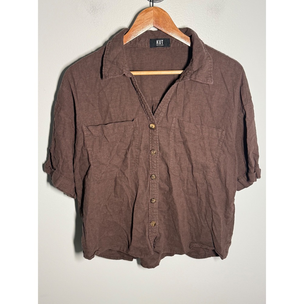 KUT from the Kloth Brown Linen Blend Button Down Shirt Boxy Short Sleeve - Picture 1 of 3